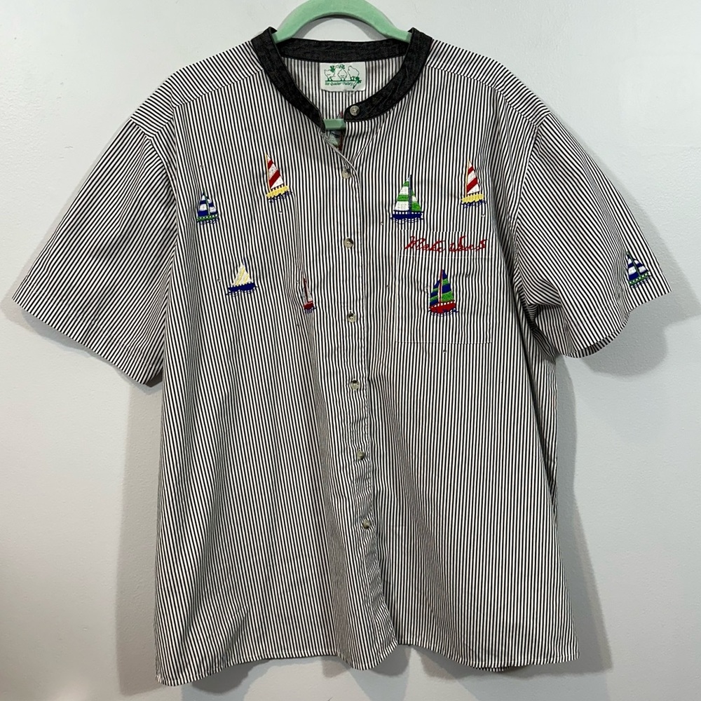 Vintage Quaker Factory Striped Sailboat print button down